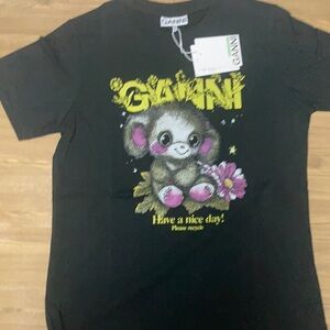 GANNI Cute Fluffy Creture Graphic Tee Black Designer Cotton T-shirt size Small